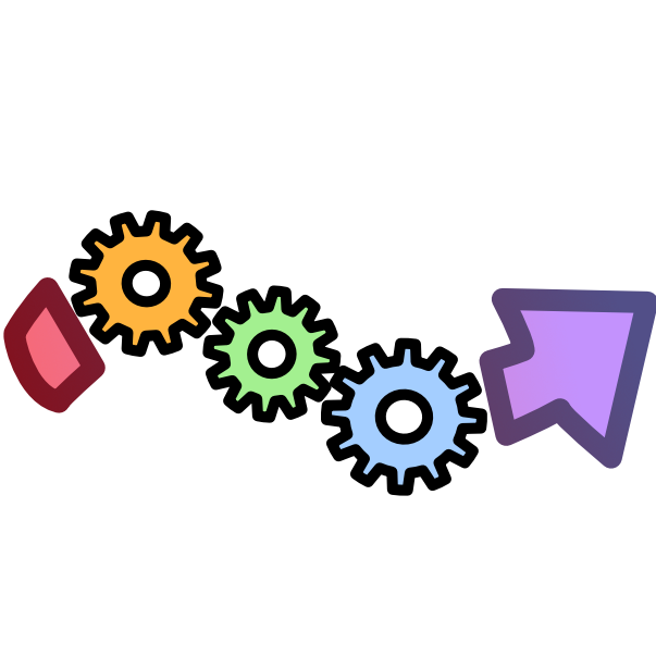 an image with dark line art shows a curved arrow with a section removed from its center. Replacing the section are three gears, one yellow, the next green, and the last blue. The end of the arrow is a pinkish red, the point of the arrow is purple.
